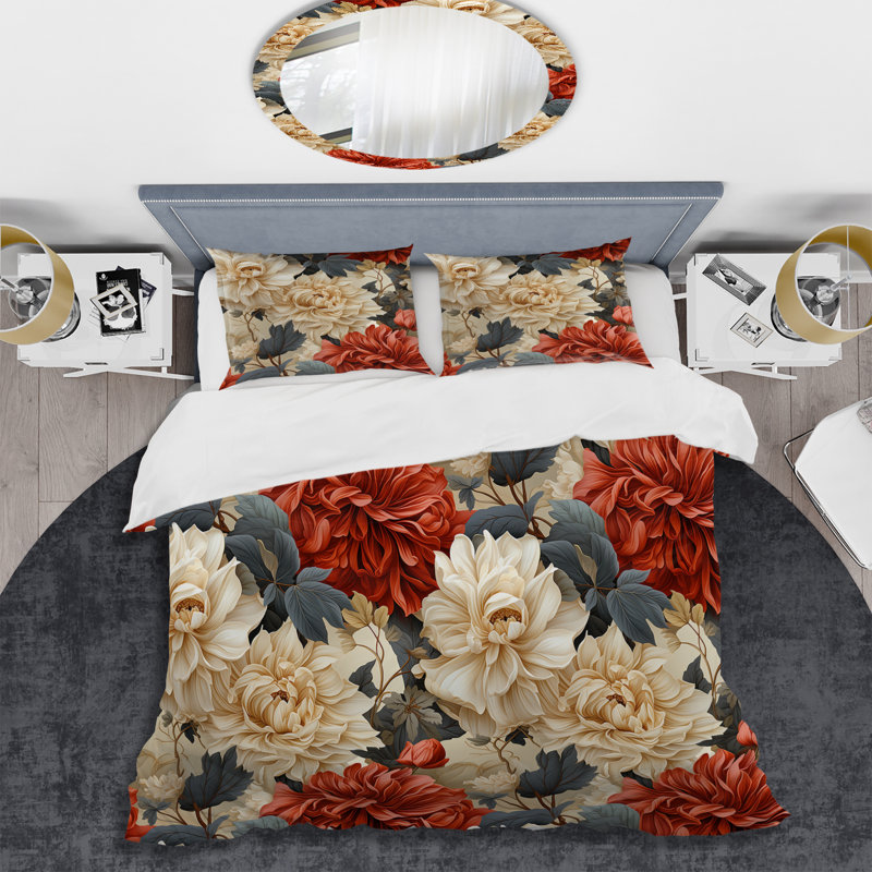 Ensemble de housse de couette Beige Timeless Peony Elegance Wonderland, Housse de couette pour grand lit et 2 taies décor