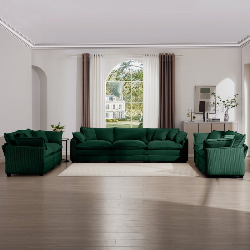 Jasper Corduroy Upholstered 7-Seater Sofa Set with Cushions & Pillows, Green
