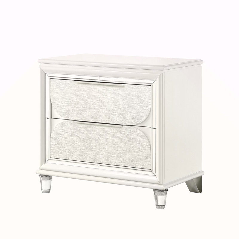 Table de chevet glamour à finition blanc perle avec tiroirs de rangement en acrylique