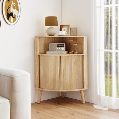 Corner Accent Cabinet With 2 Fluted Door , Freestanding Corner Storage Shelf For Living Room, Kitchen, Bathroom
