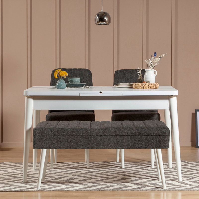 Modern Extendable Dining Table & Chairs Set (4 Pieces), White & Anthracite | Table: 50.8 x 29.5 x 31.5 inches (Open: 64.2 in) | 100% Melamine Coated Particle Board | Includes 2 Chairs & Bench with 100% Linen | Stylish & Functional for Dining Rooms