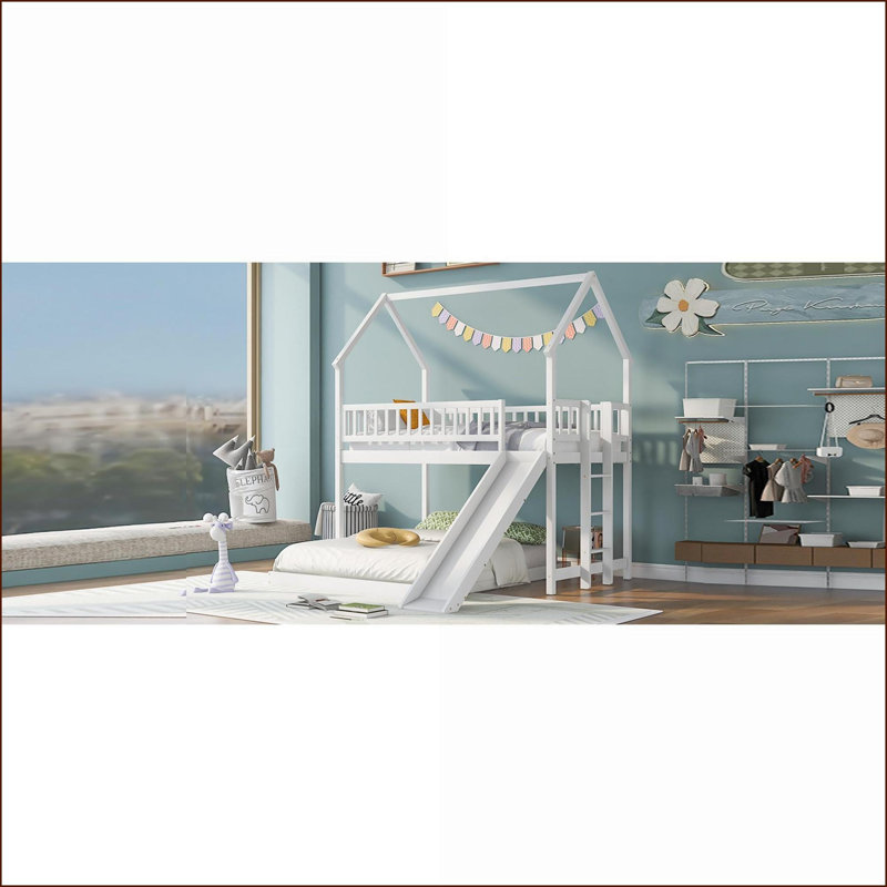 Lit simple superposé au-dessus d'une chambre double avec glissade et amp; Échelle intégrée - Bois de pin massif & amp; Panneau de fibres à densité moyenne, garde-corps pleine longueur, blanc pour les petits espaces