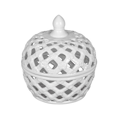 D8x9.5" White Ceramic Lidded Jar With Lattice Design