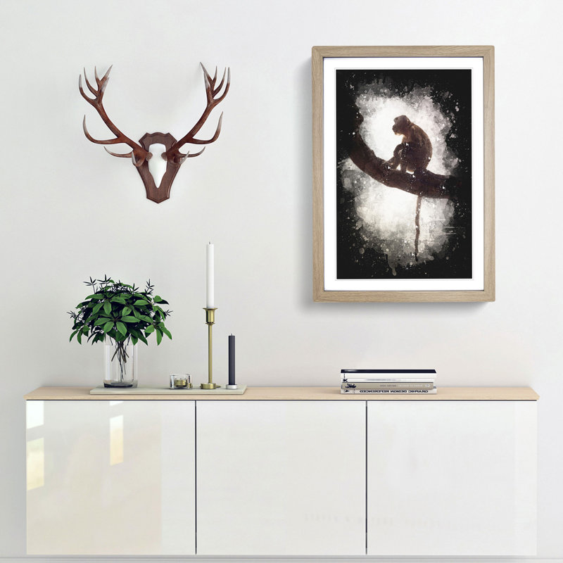 Long-Tailed Macaque Monkey Paint Splash - Picture Frame Graphic Art, 63cm H x 45cm W x 2cm D, Oak Framed