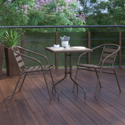 Table carrée en verre et métal de 23,5 po avec 2 chaises empilables en métal et aluminium