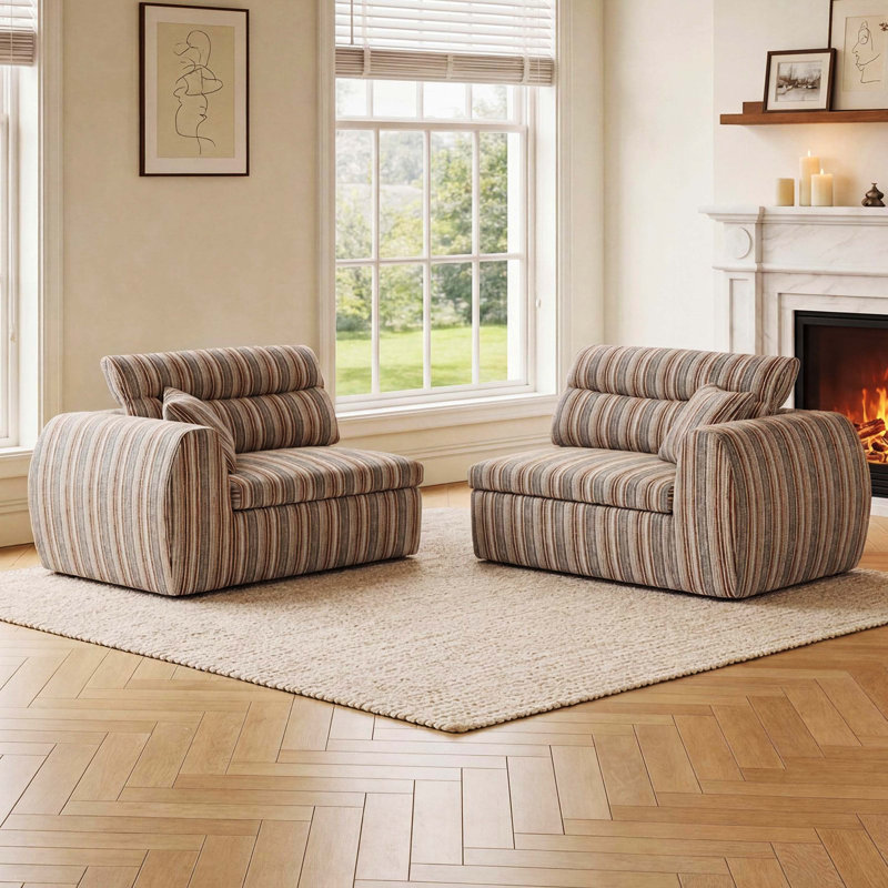 Canapé tissé à rayures en chenille tissé, canapé droit compact avec éponge haute densité, canapé sans assemblage pour un salon, un appartement et un bureau, blanc et brun