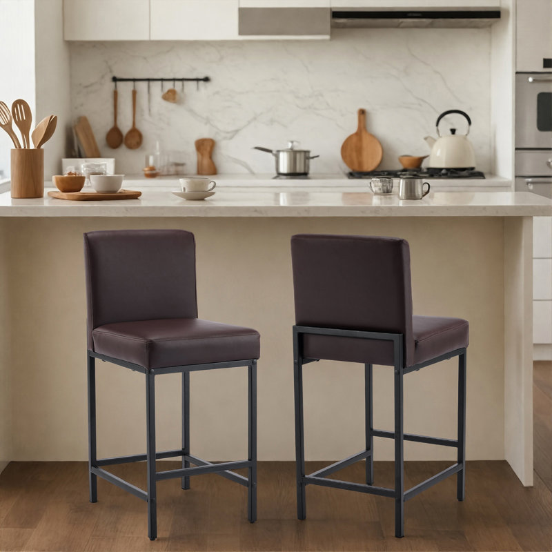 Bar Stools Set Of 4, 24'' Tall Barstools, Counter Height Bar Stools With Back Support, Faux Leather, Metal Legs, Upholstered Seat Cushion Modern Barstool, Use For Kitchen Island Home Bar, Beige