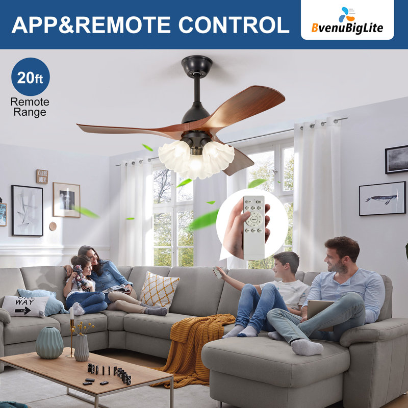 Ventilateur de plafond moderne 42 po 3 pales en noyer avec lumière 3 * E26 (sans ampoule), abat-jour floral, télécommande, 6 vitesses, flux d'air réversible, réglable en hauteur pour le salon de la chambre à coucher