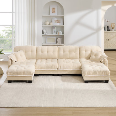 Canapé en forme de U en chenille avec 4 coussins, repose-pieds mobile à garniture pom-pom capitonnée, conception ergonomique, canapé à assise profonde facile à assembler pour le bureau du salon, appartement, beige crème