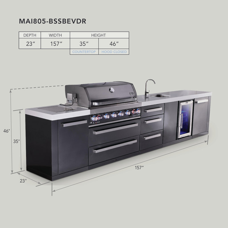 Mont Alpi Mai805-bssbevdr 6-burner 157" Premium Black Stainless Steel Outdoor Kitchen Island Gas Bbq Grill + Beverage Center Sink & Faucet + Refrigerator + Storage Drawer & Cabinets + Rotisserie Kit