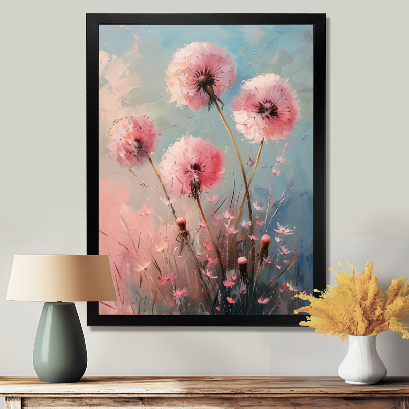 Été rose bleu pissenlit Rêve II - Pissenlit, art mural, Cadre simple noir, H 32 po x l 24 po x P 1 po