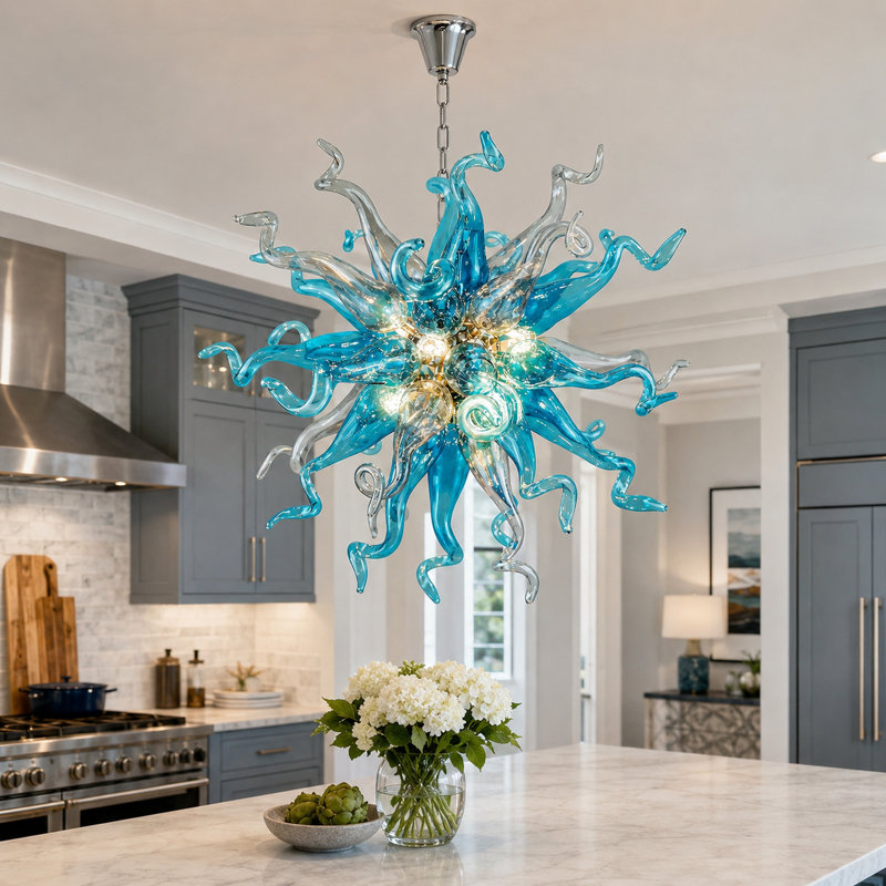 Lustre sculptural en verre soufflé à la main 20 lumières l 20 "gris et bleu fumée avec chaîne ajustable, Light Blue, 6