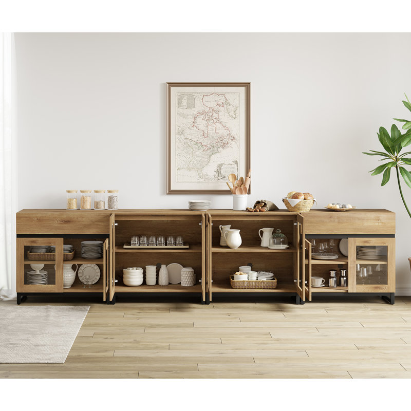 Buffet 4 en 1 multifonctionnel avec portes en verre et 5 tiroirs, crédence moderne avec tablette ajustable et base en métal, armoire à café