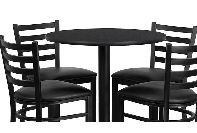 Walnut Laminate Round Pub Table Set with Burgundy Vinyl Bar Stools