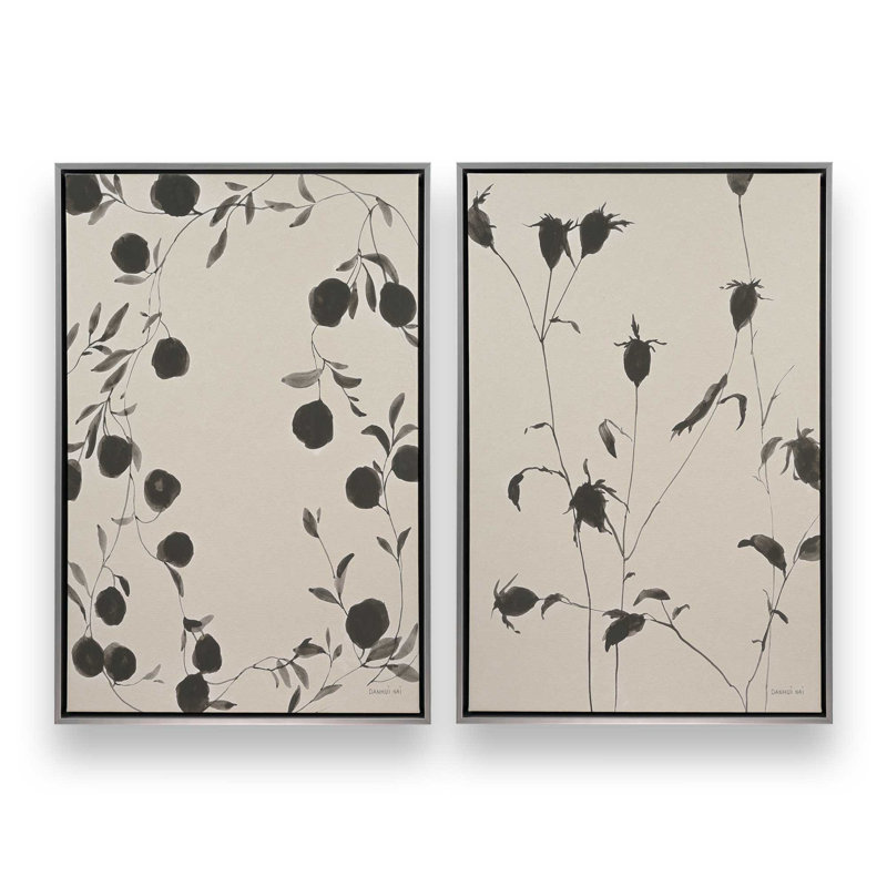 «Black Ink Botanicals», ensemble de 2, Cadre flottant en chrome poli, H 49 po x l 66 po