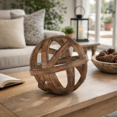 Roue sphérique décorative en bois de sapin sculpté brun naturel de 10 pouces