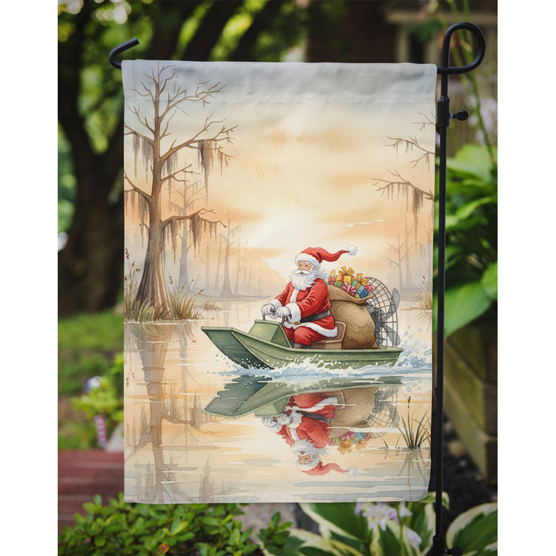 Drapeau de Noël Cajun père Noël livrant des cadeaux par hydravion, Taille du jardin, Cajun Santa Delivering Gifts by Airboat