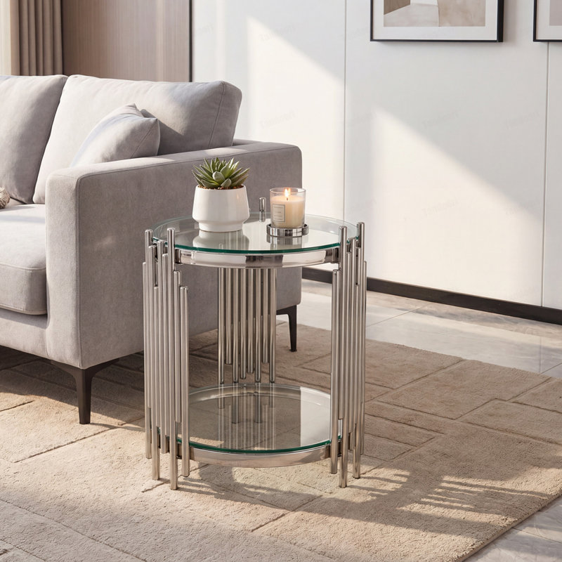 Table de bout ronde de luxe avec plateau en verre trempé transparent à 2 niveaux et structure en acier inoxydable argenté, table d'appoint moderne pour le salon, la chambre à coucher et le bureau