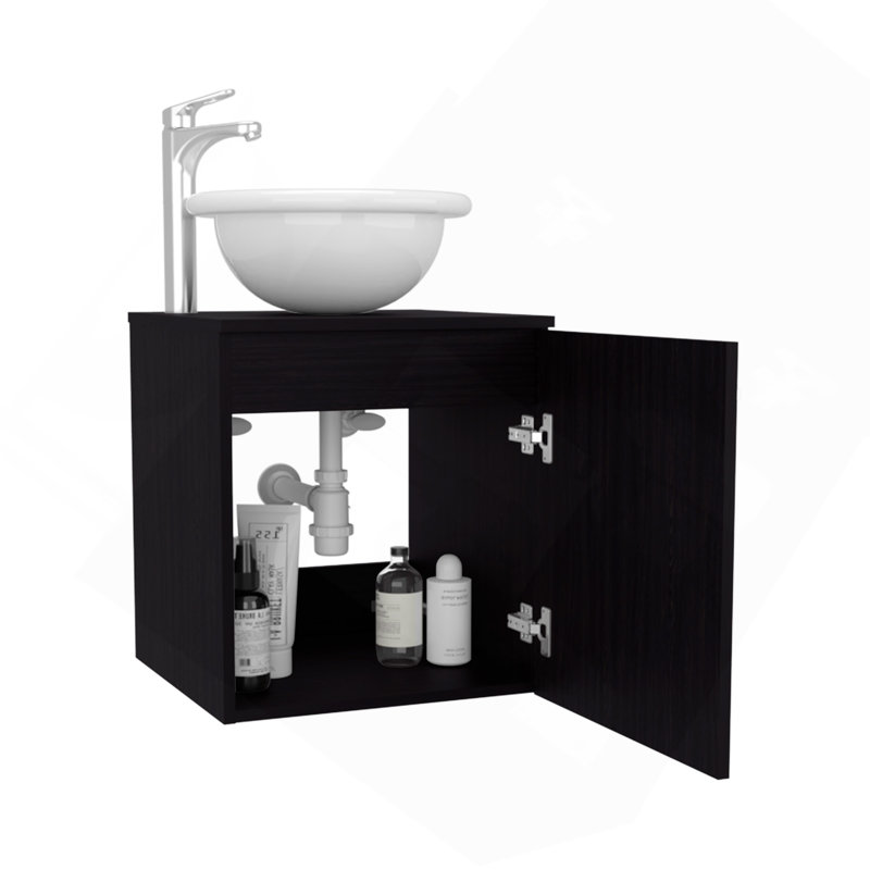 Meuble-lavabo flottant à une porte, avec lavabo vasque et une tablette, rangement pour salle de bain, noir