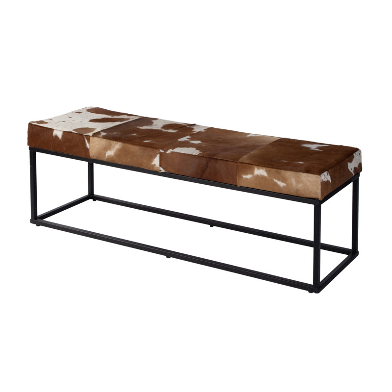 Stinson 54 in. W Hair-on-Hide Leather and Iron Accent Bench, White/Brown, White/Black/Brown Abstract