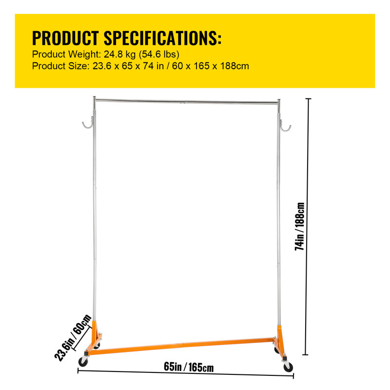 Support à vêtements à hauteur ajustable avec base en Z, support à vêtements en acier robuste avec roues verrouillables et crochets latéraux, ensemble de 3 pour usage domestique et commercial, orange