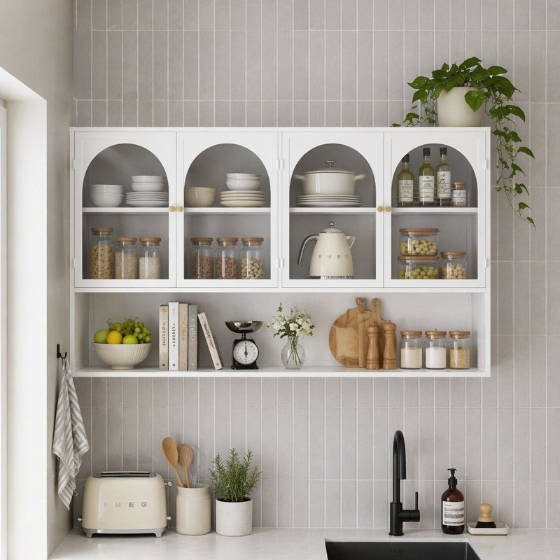 Rangement mural 47,25 po à quatre portes, armoire murale en verre, Blanc