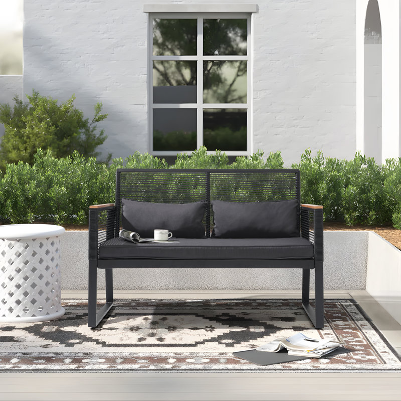 Canapé double droit en osier Blas de 112 cm de large avec coussins, Noir