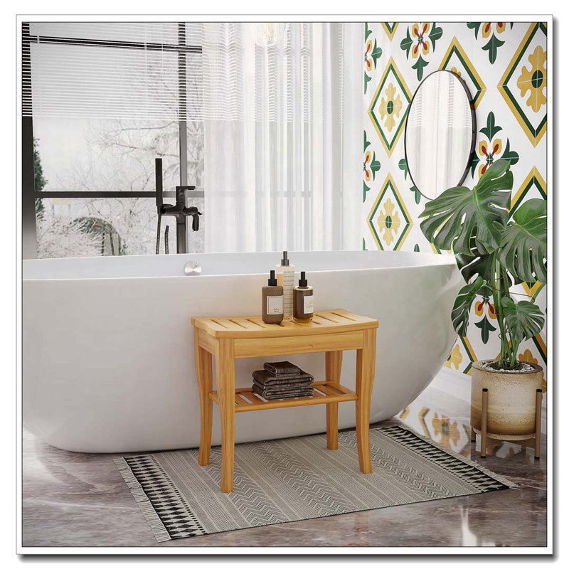 Long banc de douche en bambou avec tablette de rangement
