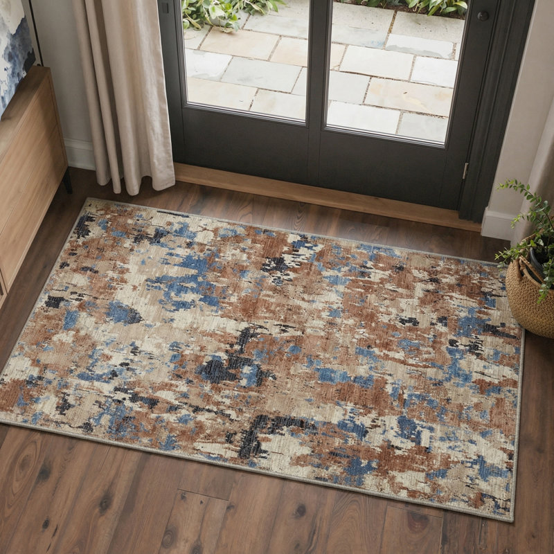 Tapis d'intérieur bleu / beige / brun Aura, Brun/bleu, Rectangle 6 pi x 9 pi