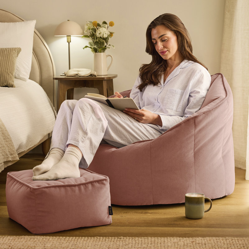 icon Sirena Scallop Chair Bean Bag and Footstool Ochre Yellow Velvet Bean Bags, Dusk Pink