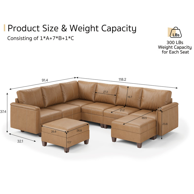 Canapé modulaire en similicuir modulaire pour salon, canapé convertible modulaire en U avec rangement et repose-pieds de 8 places, largeur de 118 pouces