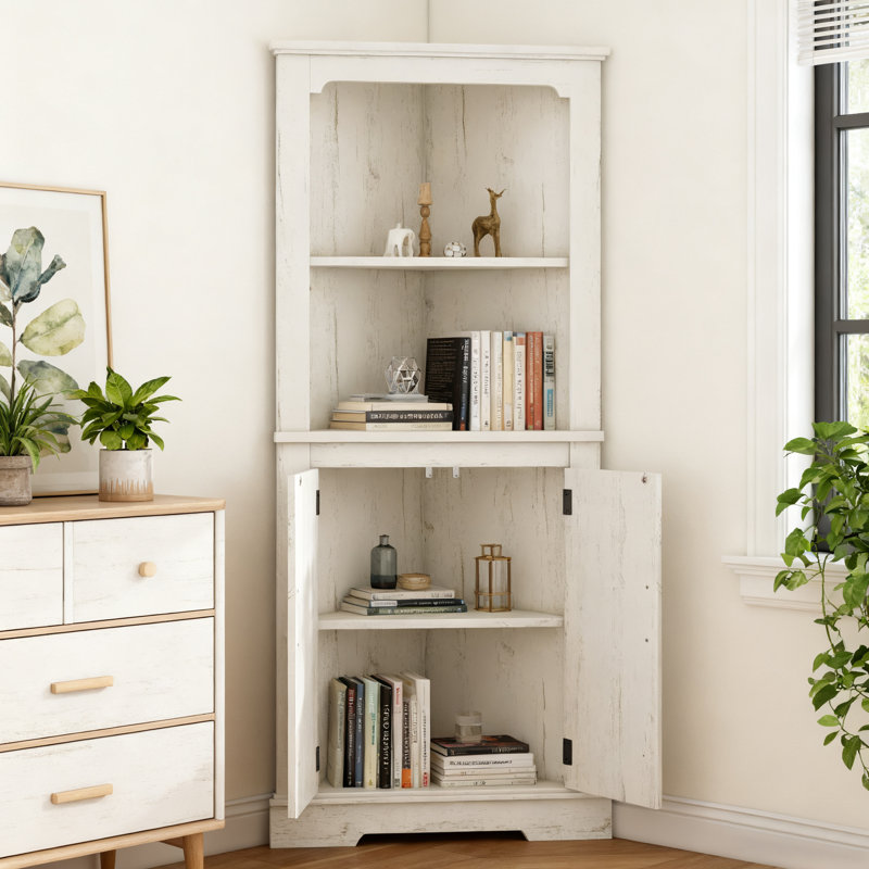Tall Farmhouse Corner Cabinet With Doors, Beige, 69.3" H x 30.6" W x 22.3" D