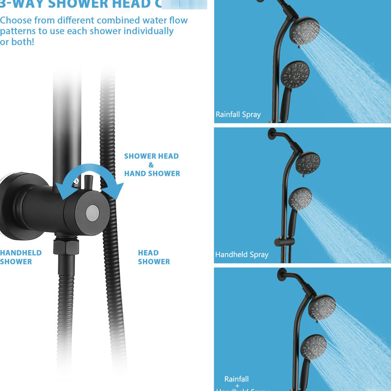 7-Spray Handheld Showerhead And 5 Inch Rain Shower, 26" Adjustable Slide Bar, 1.8Gpm, Installation, Black Abs Stainless Steel, Angle-Adjustable Head, 7 Spray Patterns For A Energizing Shower With ,