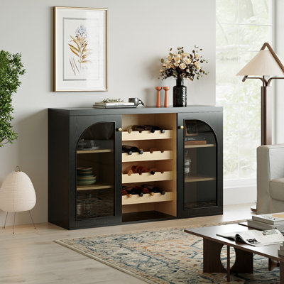 Archline Modern Wine Bar Cabinet - Solid Wood Storage with Glass Doors & Built-In Wine Rack, Medium Wood Tone by Ebern Designs