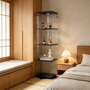 Armoire noire en verre trempé rotatif à 4 niveaux avec lumières télécommandées et pieds réglables pour le salon, la cuisine et le couloir.