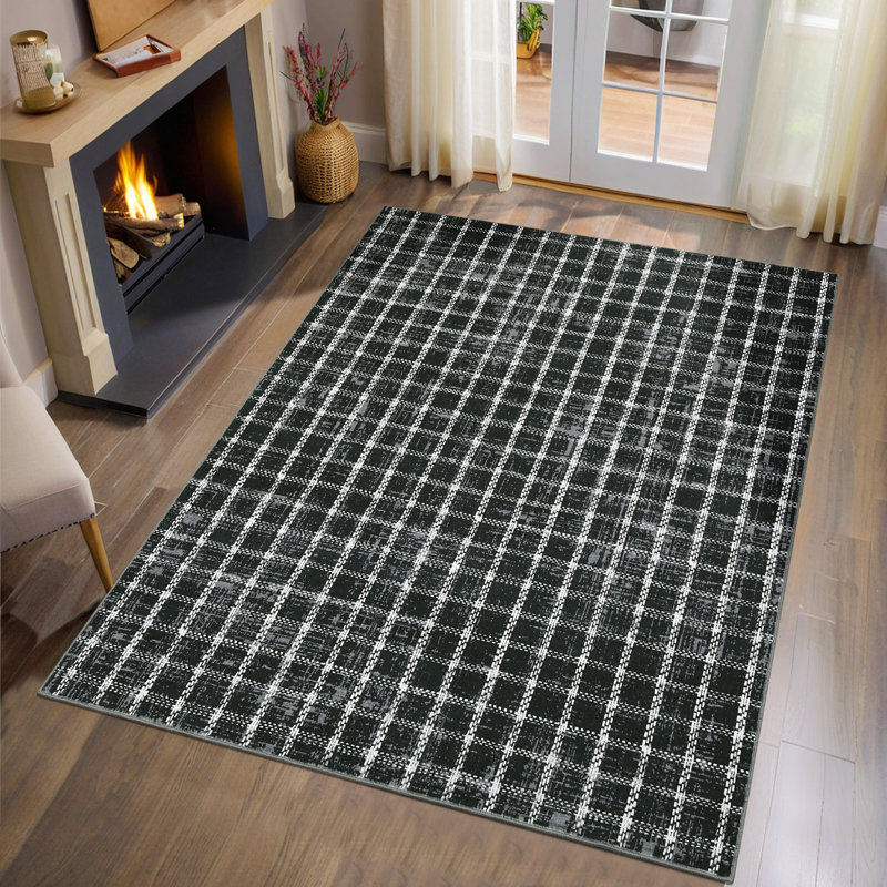 Machine Washable Rug Modern Plaid Rug Soft Area Rug Non Slip Soft Thin Rug Low Pile Foldable Rug for Living Room, Bedroom, Dining Room