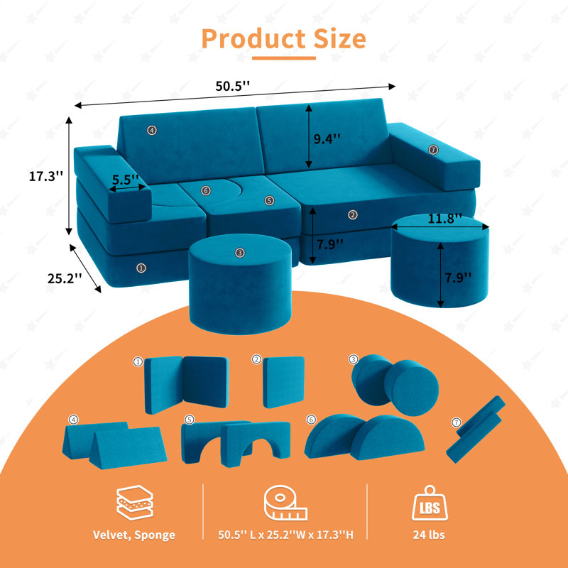 Kids Couch 13PCS, Modular Toddler Couch with 2 Ottomans, Fold Out Kids Couch for Playroom Bedroom, Blue