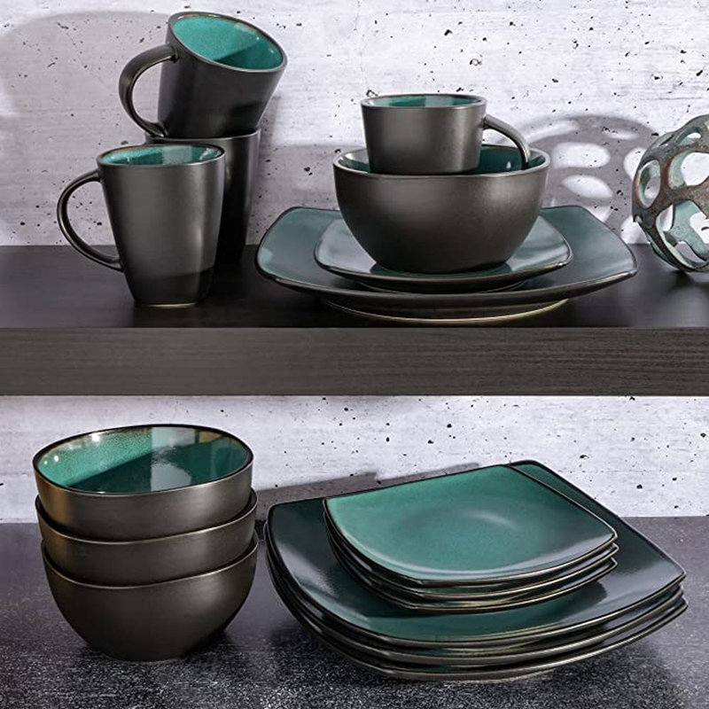 Teal and Black Square Porcelain Dinnerware Set, Service for 4