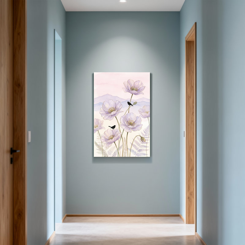 Plantes et fleurs Fleurs délicates avec oiseaux et montagnes, H 24 po x l 16 po