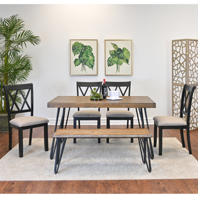 Ensemble de repas élégant pour 6 personnes : table à pattes, 4 chaises, banc.