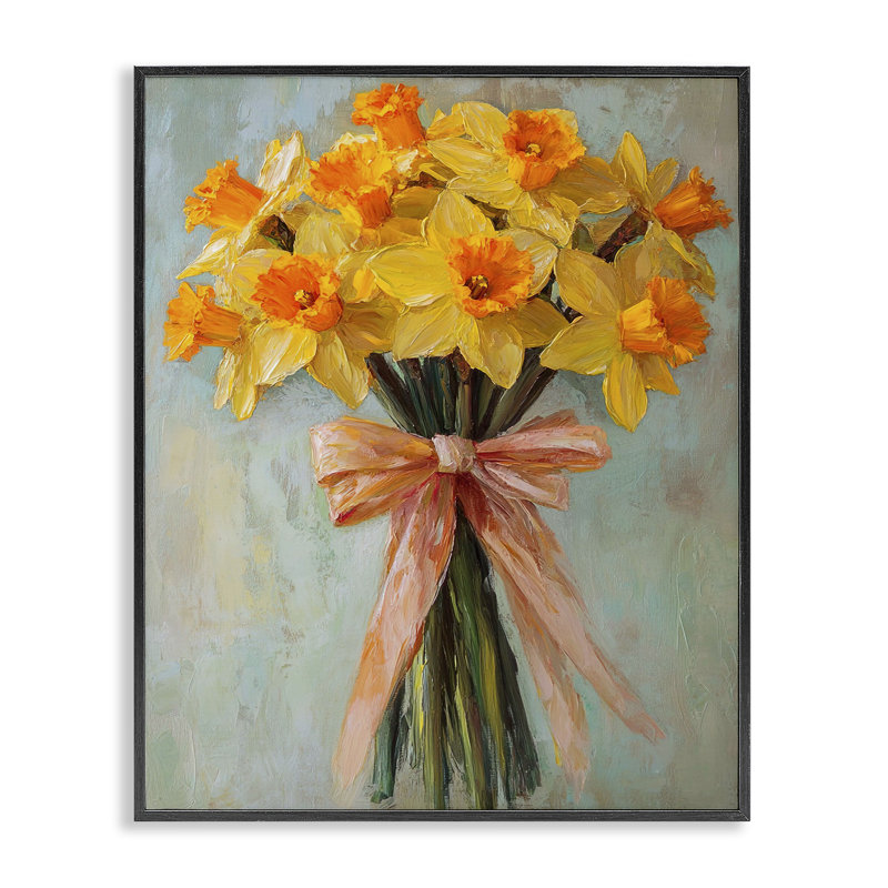 Spring Daffodils with Ribbon Giclee Art, design par Franklyn Gregory, H 14 po x l 11 po, Giclée encadrée noir minuit