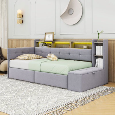 Daybed with LED Light, USB Charging, Storage Footstool, and Dual Drawers
