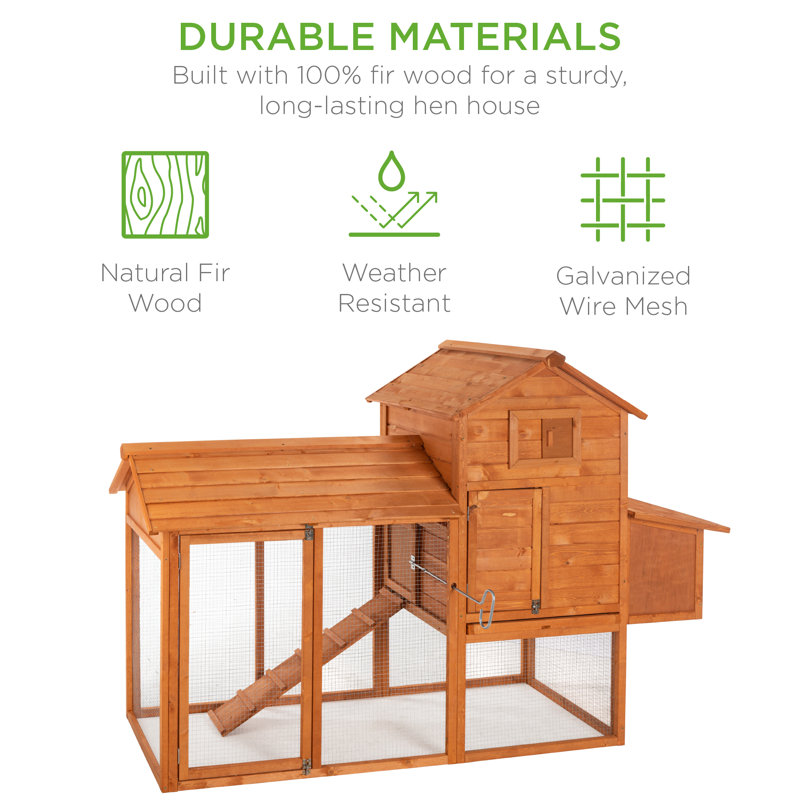80in Natural Fir Wood Multi-Level Chicken Coop with Wire Fence