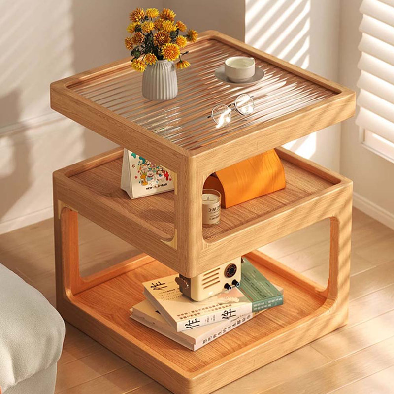 Soild Wood End Table With Led Light, Natural Wood