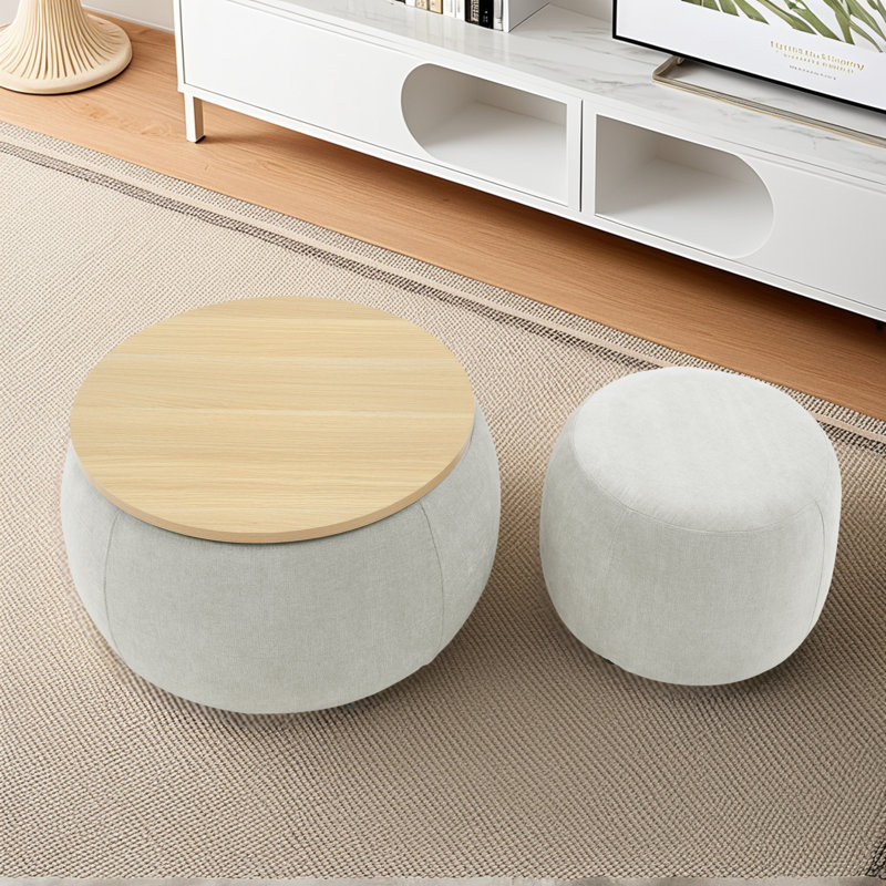 Round Storage Ottoman, 2 In 1 Function, Work As End Table And Ottoman,with Small Seat, Natural, Gray