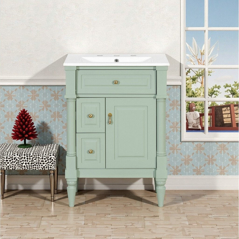 Meuble-lavabo en bois massif et panneau de fibres à densité moyenne 24 po avec lavabo en céramique, tiroir rabattable, tablette réglable
