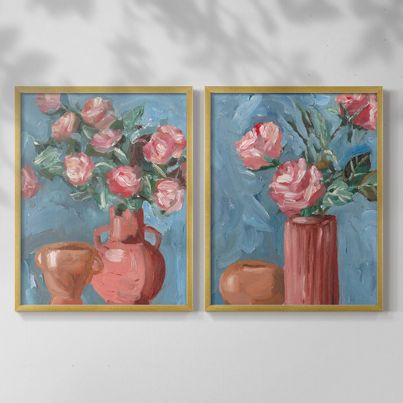 Impression encadrée Rosa Blooms I-Premium - prête à être accrochée - aucun clou requis - aucun clou requis, Doré