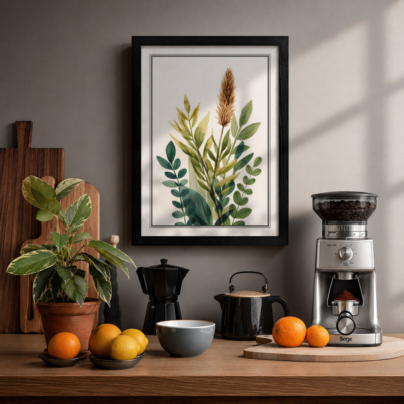 Stem Study in Green Botanical - Framed Print, A1 - 84.1 x 59.4 cm, Black