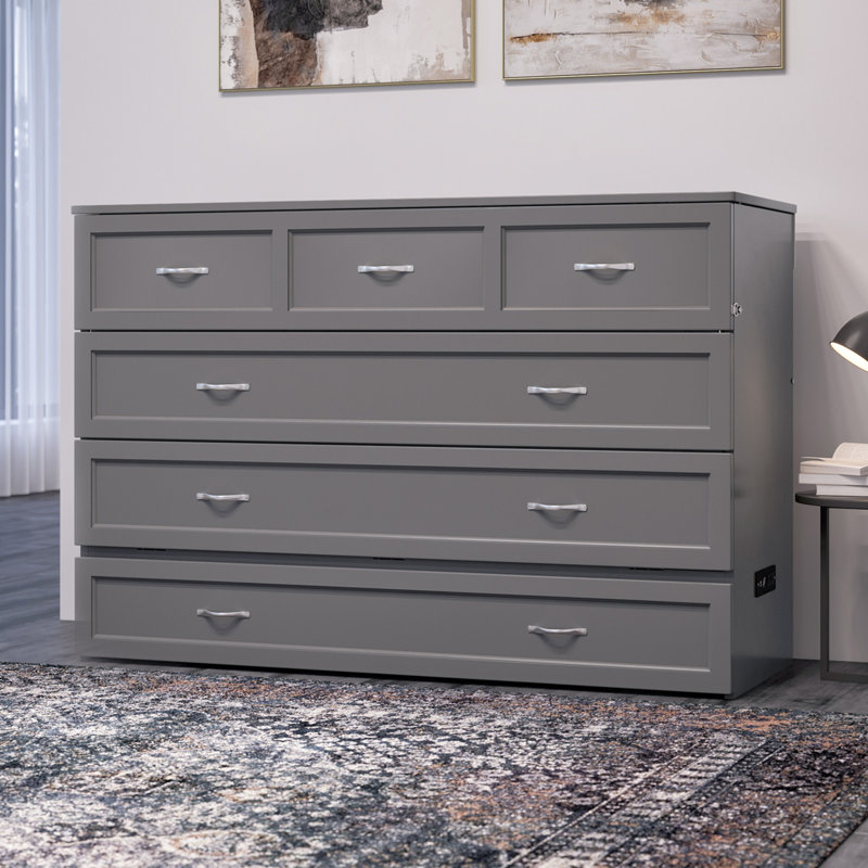 Andriena Murphy Bed Chest with 6" Mattress, Storage & Built-in Charger, Queen, Walnut