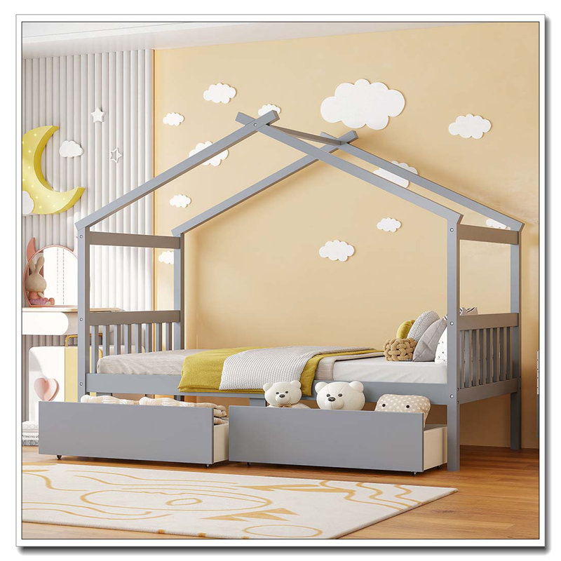 Lit en bois avec tiroirs, gris, Simple